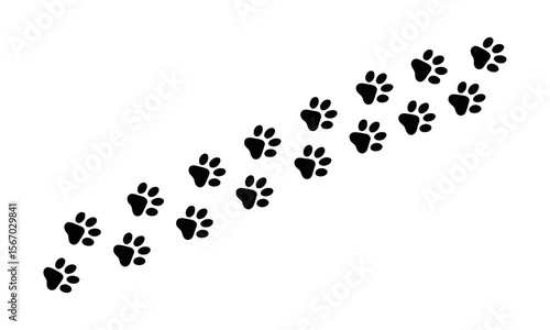 A minimalistic vector illustration of a series of black animal foot paw prints scattered,  puppy silhouette animal diagonal tracks for t-shirts, websites, showcase design, easily editable.