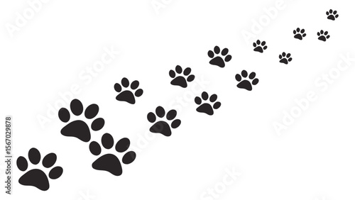 A minimalistic vector illustration of a series of black animal foot paw prints scattered,  puppy silhouette animal diagonal tracks for t-shirts, websites, showcase design, easily editable.