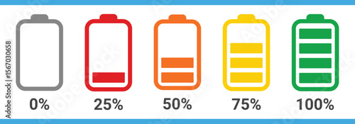 Battery charge indicator icon set in red, green and black color. Phone charge showing percentage level_0%, 25%, 50%, 75%, and 100%. Discharged and fully charged battery level from 0 to 100 percent.