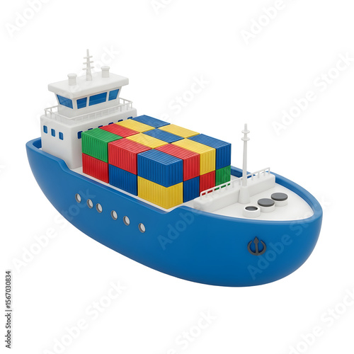 Blue Cargo Ship 3D Rendered with Colorful Shipping Containers Isolated on Transparent Background