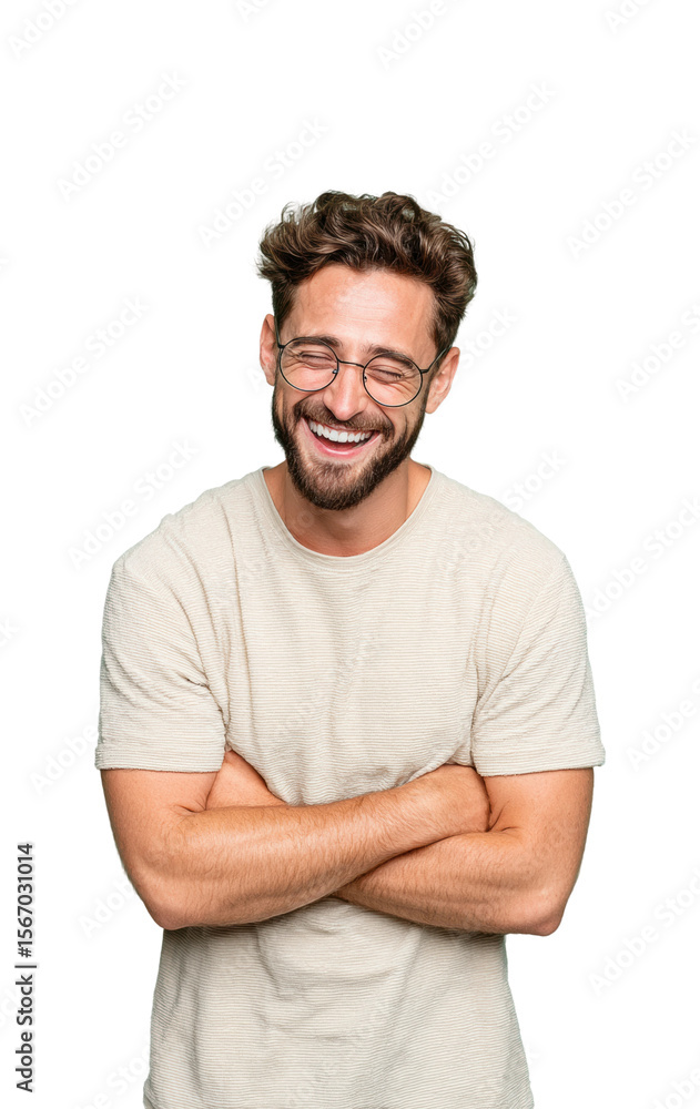 Joyful man laughing with arms crossed portrait isolated on transparent background Joyful man laughing with arms crossed portrait isolated on transparent background