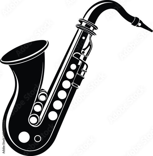 Black and White Stylized Saxophone Illustration with Clean Design on White Background  Frontal View