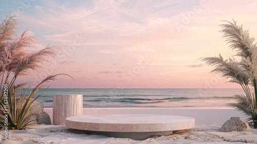 White stone podium with ample copy space, set on a tropical summer sandy beach background, ideal for product display or promotional visuals with a bright, natural vibe...