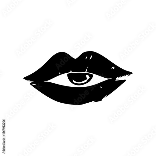 Surreal eye inside lips black tattoo sketch – abstract grunge ink illustration for edgy tattoo designs, fashion branding, or alternative subculture concepts on transparent background