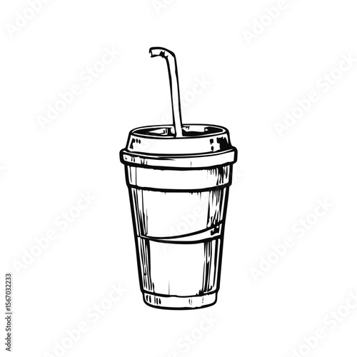 Cold coffee takeaway cup doodle in sketch style – hand-drawn iced drink with straw for fast food menu, summer drink branding, or eco-friendly cafe visuals