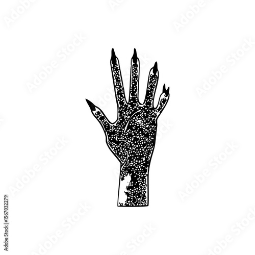 Gothic hand with sharp black nails in alternative tattoo sketch style. Dark subculture aesthetic for Halloween decor, punk stickers, or edgy fashion branding. Isolated vector on transparent background