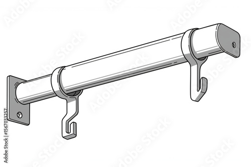 Closet rod design featuring a metallic pipe, mounting bracket, and hanging hooks, perfect for interior design, or organizational themed compositions.