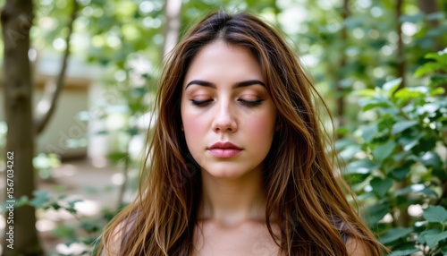 Young Woman with Closed Eyes in a Serene Natural Setting Surrounded by Green Foliage
