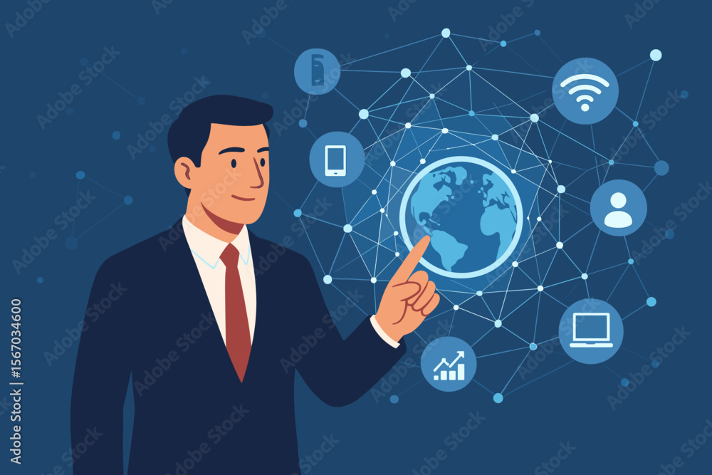 Businessman touching global network and data exchange connection. Communication technology for internet business. Social media. Internet of things. Big data analytics. Digital future. Businessman touching global network and data exchange connection. Communication technology for internet business. Social media. Internet of things. Big data analytics. Digital future.