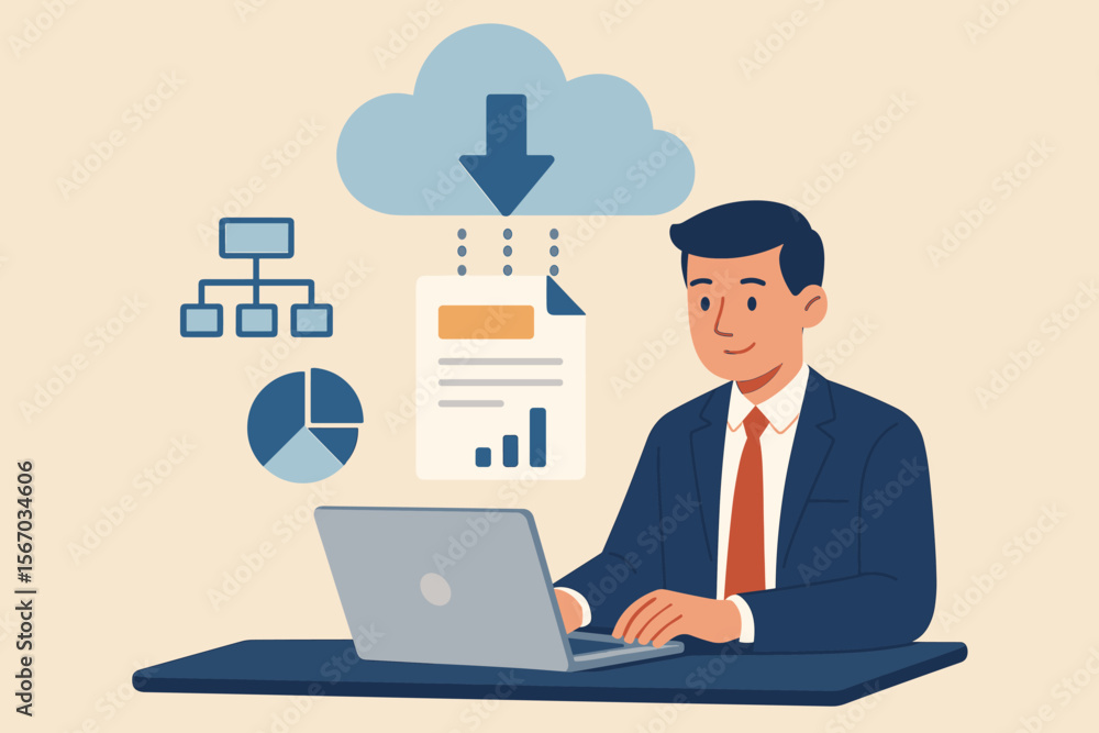 Businessman at desk with laptop downloading document from cloud. Concept of cloud computing technology, online storage, data management, backup, information download, and cyber security. Businessman at desk with laptop downloading document from cloud. Concept of cloud computing technology, online storage, data management, backup, information download, and cyber security.