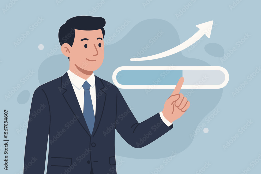 Businessman touching virtual progress bar. Business growth concept. Increase value and value added. Loading success. Financial development and investment strategy for profit. Businessman touching virtual progress bar. Business growth concept. Increase value and value added. Loading success. Financial development and investment strategy for profit.