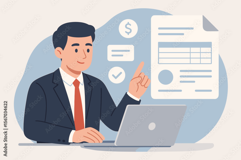 Businessman managing digital invoice and financial documents on laptop. Accountant working with electronic bill, budget report. Online payment, corporate finance concept illustration. Businessman managing digital invoice and financial documents on laptop. Accountant working with electronic bill, budget report. Online payment, corporate finance concept illustration.