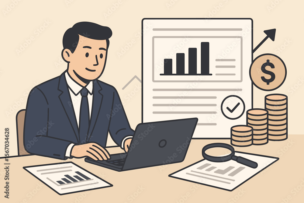 Financial audit and accounting concept. Businessman using laptop for corporate report analysis. Business analytics, tax inspection, investment strategy, bookkeeping illustration. Financial audit and accounting concept. Businessman using laptop for corporate report analysis. Business analytics, tax inspection, investment strategy, bookkeeping illustration.