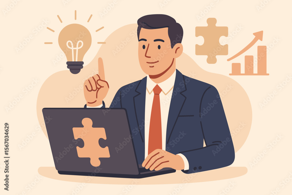 Businessman with laptop finds business solution. Jigsaw puzzle metaphor for strategy and problem-solving. Leadership, vision, and success concept. Man has an idea. Modern flat vector. Businessman with laptop finds business solution. Jigsaw puzzle metaphor for strategy and problem-solving. Leadership, vision, and success concept. Man has an idea. Modern flat vector.