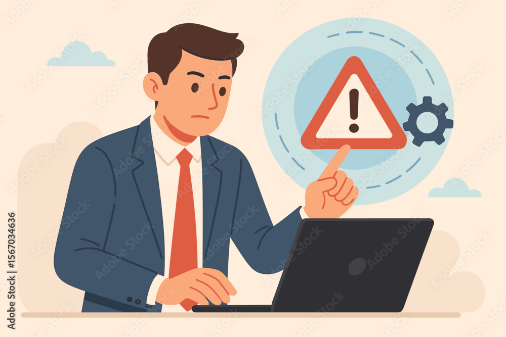 Businessman at laptop with warning icon for incident management. Concept for diagnosing and resolving unexpected technical problems, system errors, and IT support. Flat vector cartoon. Businessman at laptop with warning icon for incident management. Concept for diagnosing and resolving unexpected technical problems, system errors, and IT support. Flat vector cartoon.