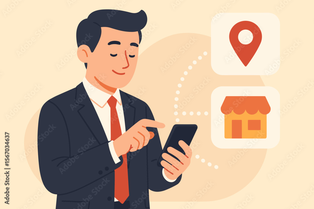Businessman using smartphone for local business search. Man with phone finding store location with map pin icon. Geolocation marketing, online shopping and navigation vector concept. Businessman using smartphone for local business search. Man with phone finding store location with map pin icon. Geolocation marketing, online shopping and navigation vector concept.