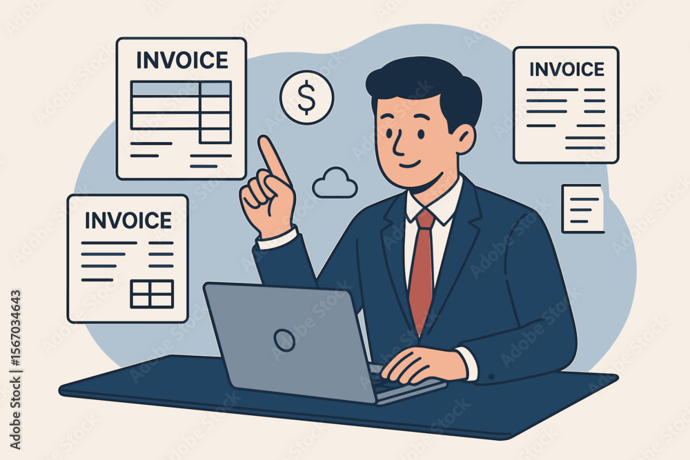 Businessman managing digital invoice documents on a laptop. Financial administrator at a desk working with electronic bills and online payments. Accounting, budget management concept. Businessman managing digital invoice documents on a laptop. Financial administrator at a desk working with electronic bills and online payments. Accounting, budget management concept.