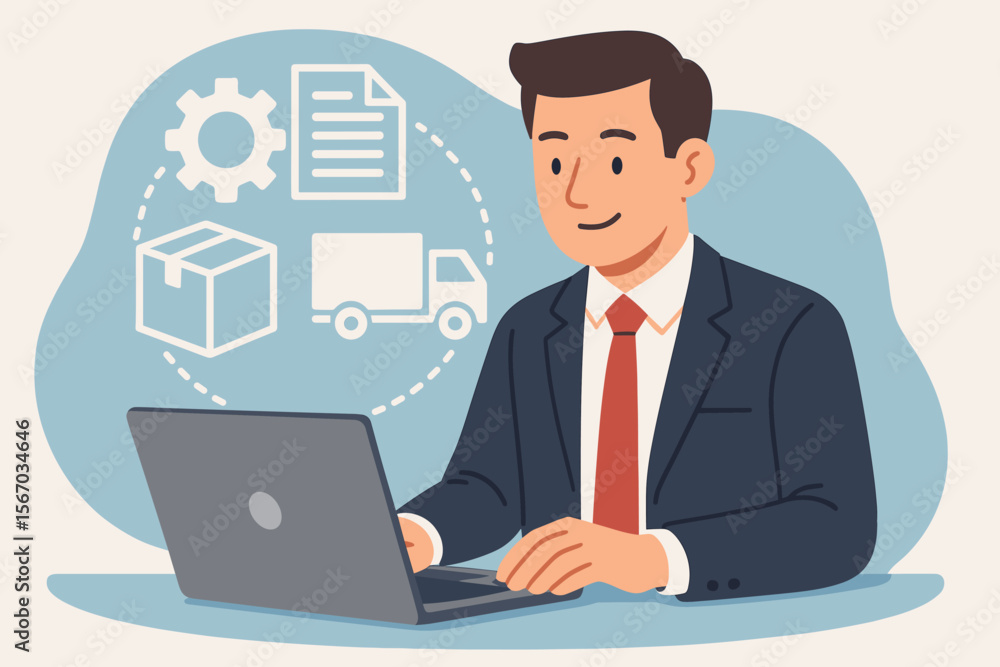 Businessman managing supply chain with EDI on laptop. Electronic Data Interchange concept for B2B. Logistics, shipping, order processing and inventory automation icons on screen. Businessman managing supply chain with EDI on laptop. Electronic Data Interchange concept for B2B. Logistics, shipping, order processing and inventory automation icons on screen.