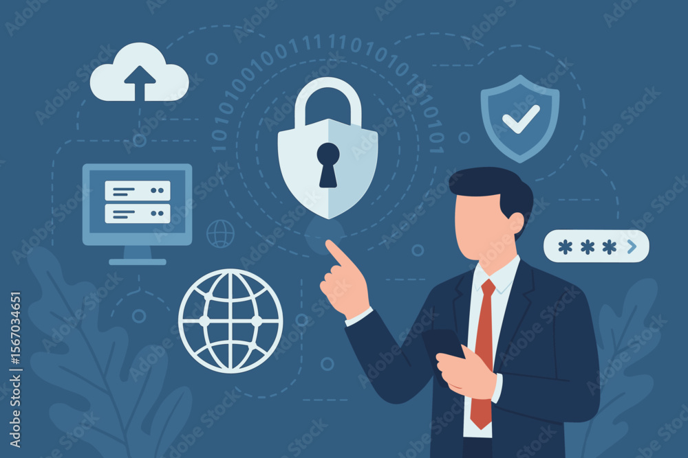 Businessman managing virtual cyber security and online data protection. Concept of secure cloud storage, global business network, server information privacy, and user authentication. Businessman managing virtual cyber security and online data protection. Concept of secure cloud storage, global business network, server information privacy, and user authentication.
