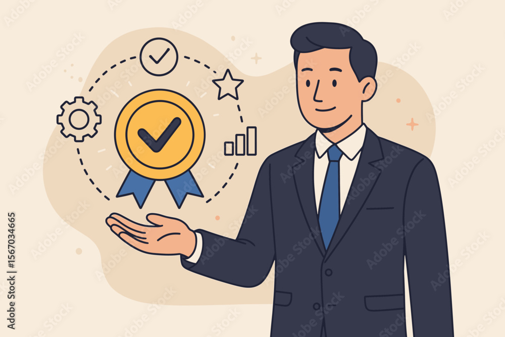 Quality assurance and control concept with a businessman holding a certified seal icon. ISO certification and standards compliance for business. Quality management system guarantee. Quality assurance and control concept with a businessman holding a certified seal icon. ISO certification and standards compliance for business. Quality management system guarantee.