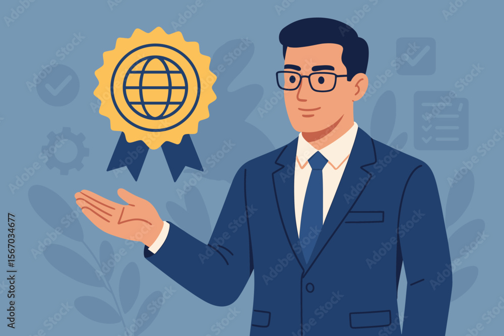 Businessman presenting ISO certification seal for quality assurance and standards control. Concept of compliance, guarantee, and service excellence. Corporate audit and management. Businessman presenting ISO certification seal for quality assurance and standards control. Concept of compliance, guarantee, and service excellence. Corporate audit and management.