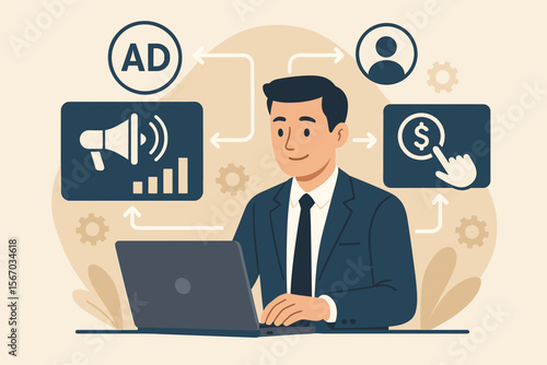 Programmatic advertising concept. Businessman with laptop managing digital marketing strategy. Ad campaign workflow with cross-targeting, audience reach, CPC and online promotion.