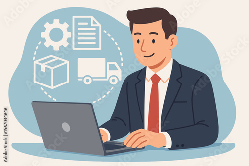 Businessman managing supply chain with EDI on laptop. Electronic Data Interchange concept for B2B. Logistics, shipping, order processing and inventory automation icons on screen.