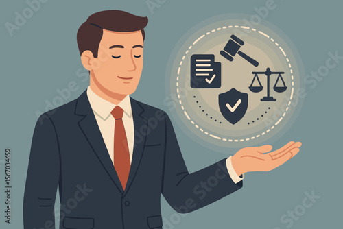Business compliance with laws, regulations, standards. Businessman holding virtual icons. Concept of corporate governance, policy enforcement, legal rules, ethics. Vector illustration.