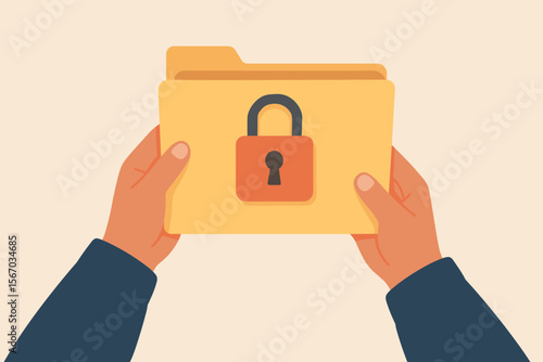 Confidential document concept. Privacy protection and data security. Person holding a secret file folder with a secured lock. Information safety and private archive vector illustration.