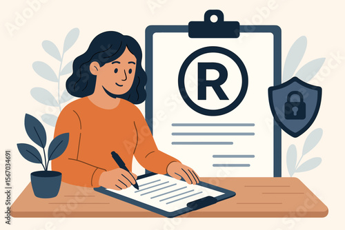 Trademark registration and intellectual property protection concept. Woman signing legal document for brand ownership. Copyright, author rights, and patent law flat vector illustration.