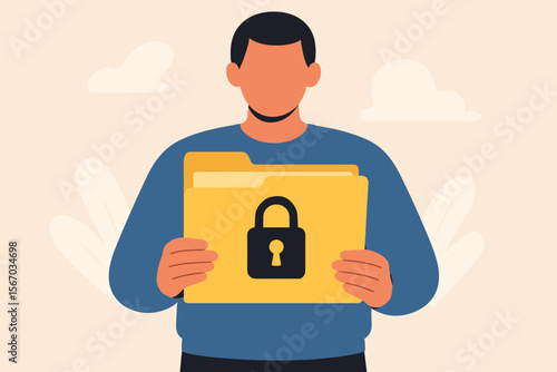 Confidential document concept. Privacy protection and secret data security. Person holding a secured file folder with a lock icon. Safety archive for classified information.