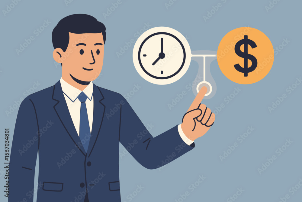 Businessman in Suit Touching Virtual Interface with Clock and Dollar Icon, Time Management, Financial Concept, Time is Money, Transforming Time into Cash, Business Efficiency, Time vs Money Businessman in Suit Touching Virtual Interface with Clock and Dollar Icon, Time Management, Financial Concept, Time is Money, Transforming Time into Cash, Business Efficiency, Time vs Money