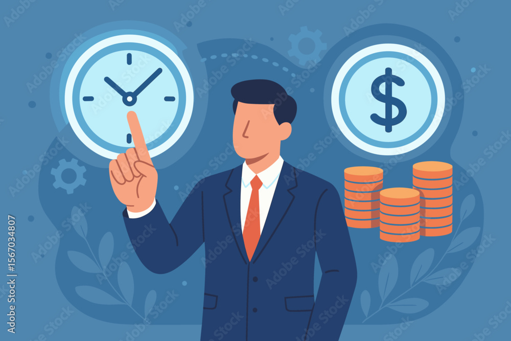 Businessman Managing Time and Money, Time is Money Concept, Financial Planning, Productivity, Investment, Clock and Dollar Icon, Transforming Time into Cash, Business Efficiency, Wealth Growth Businessman Managing Time and Money, Time is Money Concept, Financial Planning, Productivity, Investment, Clock and Dollar Icon, Transforming Time into Cash, Business Efficiency, Wealth Growth