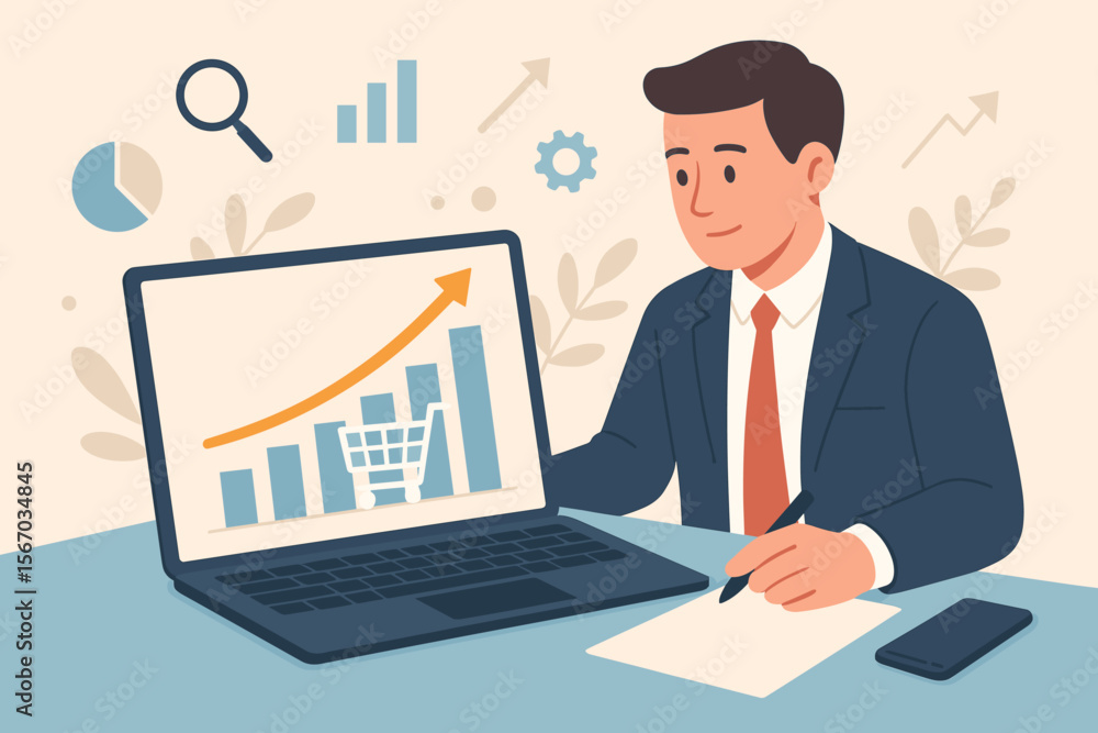 Businessman Analyzing Sales Growth Strategy, Marketing Analysis, E-commerce Success, Laptop with Upward Graph, Shopping Cart, Data Visualization, Revenue Increase, Digital Marketing, Office Workspace Businessman Analyzing Sales Growth Strategy, Marketing Analysis, E-commerce Success, Laptop with Upward Graph, Shopping Cart, Data Visualization, Revenue Increase, Digital Marketing, Office Workspace