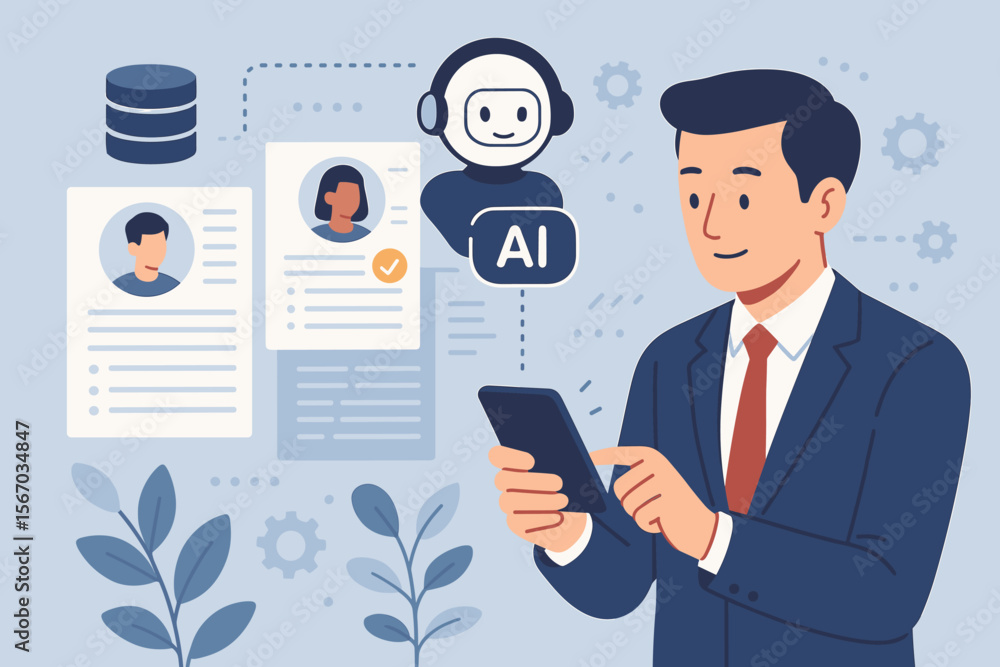 Human Resource Management Automation with AI Agent Scanning CV Resumes Database, Businessman Using Smartphone, Recruitment Process, Candidate Selection, Modern Flat Vector Illustration Human Resource Management Automation with AI Agent Scanning CV Resumes Database, Businessman Using Smartphone, Recruitment Process, Candidate Selection, Modern Flat Vector Illustration