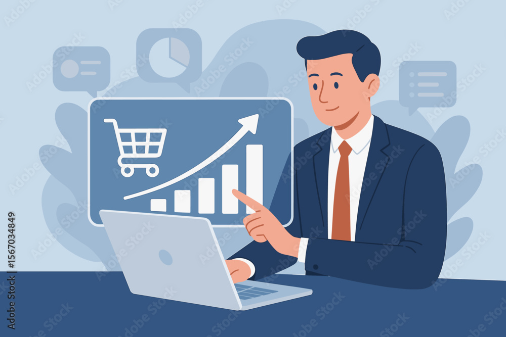 Businessman Analyzing Sales Growth Strategy, Marketing Analysis, E-commerce Success, Laptop, Upward Graph, Shopping Cart, Digital Business Development, Revenue Increase, Online Retail Concept Businessman Analyzing Sales Growth Strategy, Marketing Analysis, E-commerce Success, Laptop, Upward Graph, Shopping Cart, Digital Business Development, Revenue Increase, Online Retail Concept