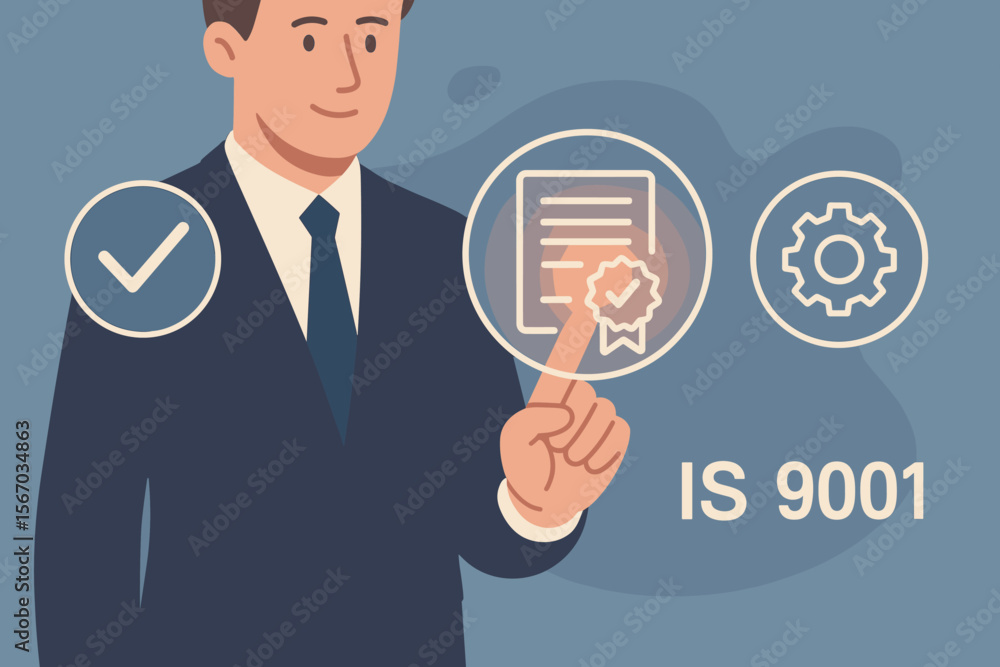 ISO 9001 Certification, Quality Management System, Standardization, Businessman Selecting Certified Quality Control Icons, Modern Flat Vector Illustration, Organization Compliance, Process Improvement ISO 9001 Certification, Quality Management System, Standardization, Businessman Selecting Certified Quality Control Icons, Modern Flat Vector Illustration, Organization Compliance, Process Improvement