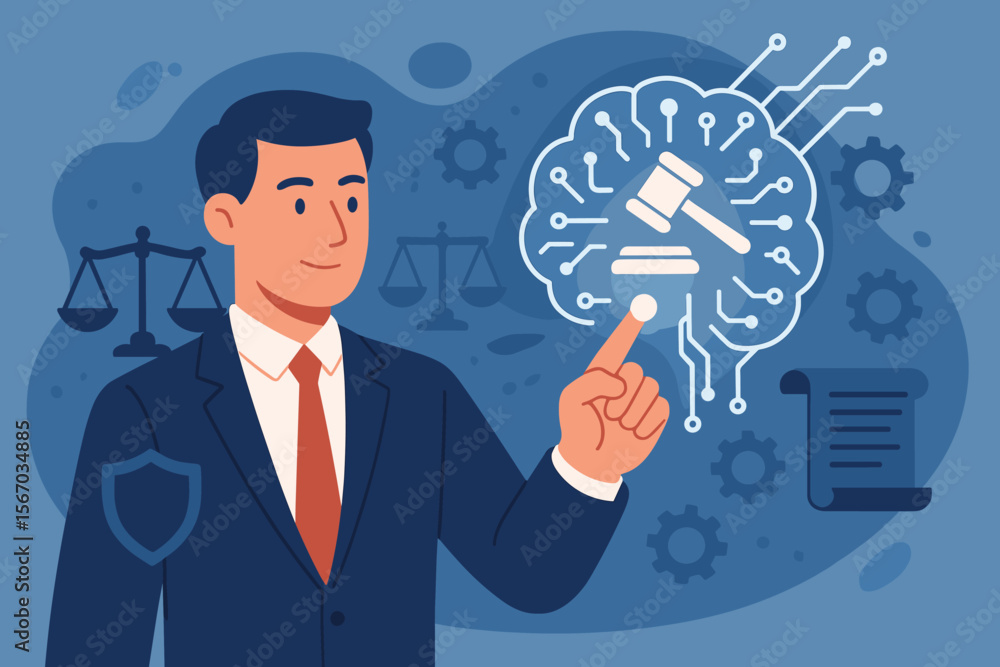 Artificial Intelligence Law and Ethics Concept. Businessman Touching Digital Brain with Gavel. AI Compliance, Regulation, Legal Standards, Business Policy, Technology in Justice, Ethical AI Codes Artificial Intelligence Law and Ethics Concept. Businessman Touching Digital Brain with Gavel. AI Compliance, Regulation, Legal Standards, Business Policy, Technology in Justice, Ethical AI Codes