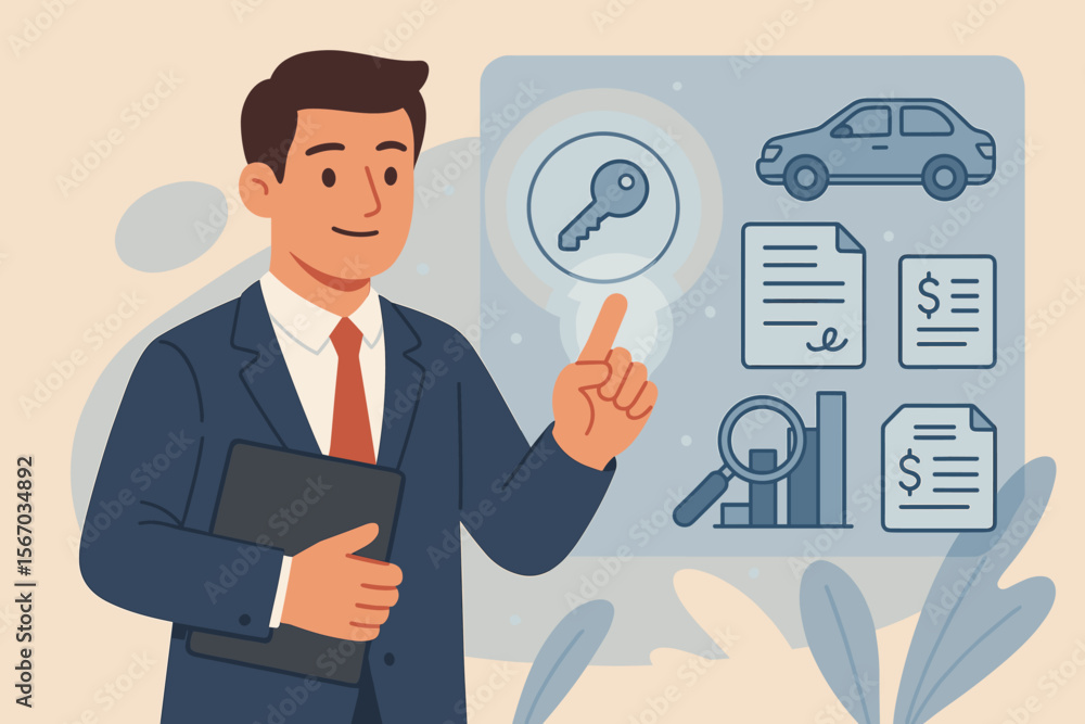 Leasing Business Concept, Businessman Presenting Leasing Icon, Contract Management, Asset Leasing Options, Financial Agreement Analysis, Car Lease, Document Review, Finance, Key, Business Analysis Leasing Business Concept, Businessman Presenting Leasing Icon, Contract Management, Asset Leasing Options, Financial Agreement Analysis, Car Lease, Document Review, Finance, Key, Business Analysis
