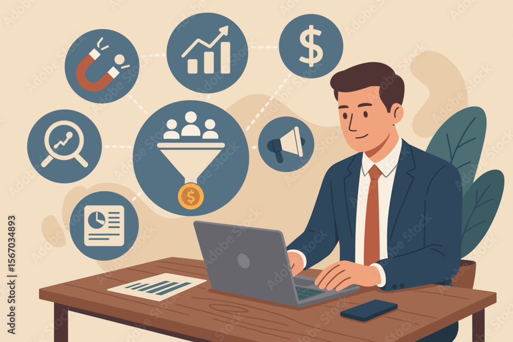 Lead Generation, Business Marketing Strategy Analysis, Financial Growth, Sales Funnel, Magnet Attraction, Data Analytics, Businessman at Laptop, Digital Marketing Icons, Flat Vector Illustration Lead Generation, Business Marketing Strategy Analysis, Financial Growth, Sales Funnel, Magnet Attraction, Data Analytics, Businessman at Laptop, Digital Marketing Icons, Flat Vector Illustration