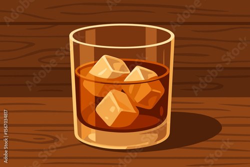 Whiskey Glass with Ice Cubes on Wooden Table, Warm Tones, Realistic Vector Illustration, Classic Alcoholic Drink, Bar Beverage Concept, Modern Flat Style, No Text, Cozy Atmosphere, Cocktail Scene