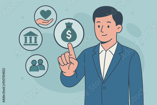 Grants and Funding Concept Illustration, Charitable Contributions, Financial Support for Foundations, Companies, Government Agencies, Non-Profit Organizations, Person Interacting with Grant Icon