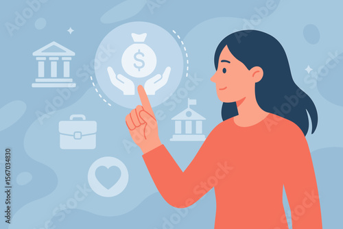 Grant Funding and Charitable Contributions Concept. Financial Support for Foundations, Companies, Nonprofits, Government Agencies. Woman Touching Virtual Grant Icon. Money, Banking, Donation, Finance.
