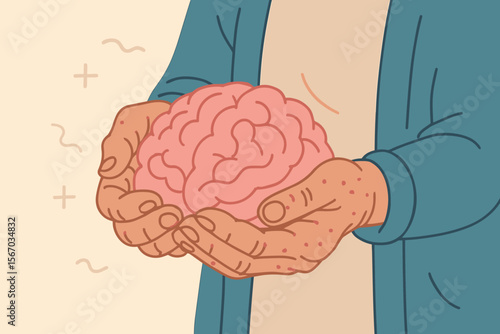 Elderly Woman Holding Human Brain Symbolizing Alzheimer’s Disease, Dementia, Amnesia, Memory Loss, Mental Health Care, Cognitive Decline, Neuroscience, Senior Support, Flat Vector Illustration