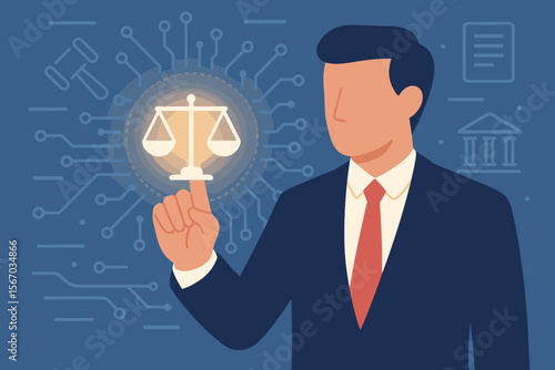 Businessman Touching Digital Scales of Justice, AI Law and Ethics, Legal Compliance, Regulation, Standards, Business Policy, Technology in Law, Artificial Intelligence Governance, Legal Innovation