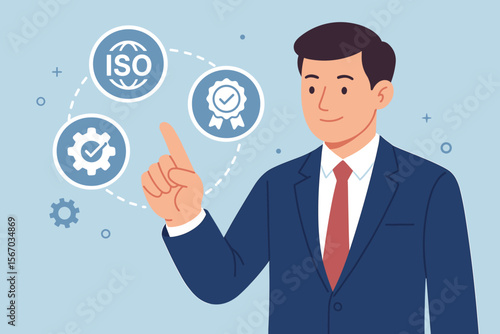 ISO 9001 Certification Quality Management Concept, Businessman Selecting ISO Standardization Icons, Certified Quality Control, Organization Compliance, Modern Flat Vector Illustration