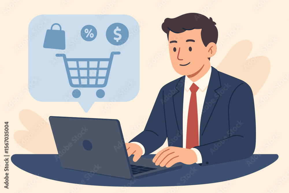 Businessman Using Laptop for Online Shopping, E-commerce Cart Icon, Digital Payment, Discount, Money Symbol, Modern Flat Vector Illustration, Office Workspace, Internet Purchase Concept Businessman Using Laptop for Online Shopping, E-commerce Cart Icon, Digital Payment, Discount, Money Symbol, Modern Flat Vector Illustration, Office Workspace, Internet Purchase Concept