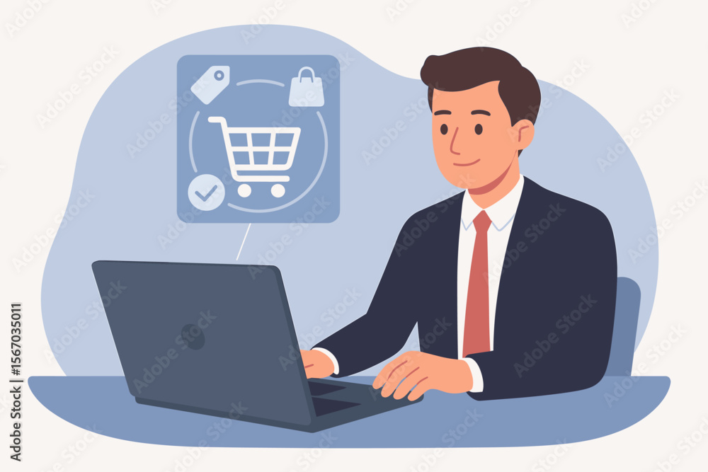 Businessman Using Laptop for Online Shopping, E-Commerce Transaction, Digital Retail, Shopping Cart Icon, Modern Flat Vector Illustration, Office Workspace, Technology, Internet Purchase Businessman Using Laptop for Online Shopping, E-Commerce Transaction, Digital Retail, Shopping Cart Icon, Modern Flat Vector Illustration, Office Workspace, Technology, Internet Purchase