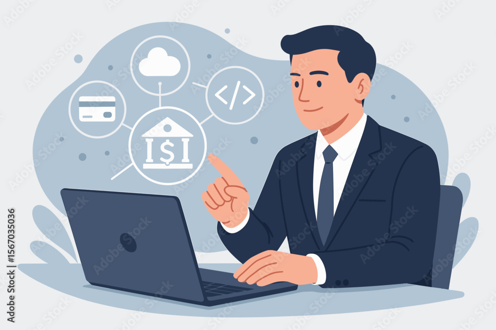 Open Banking Financial Technology Concept, Businessman Using Laptop, Virtual Open Banking Icons, API, Fintech, Digital Payment, Cloud, Coding, Modern Flat Vector Illustration Open Banking Financial Technology Concept, Businessman Using Laptop, Virtual Open Banking Icons, API, Fintech, Digital Payment, Cloud, Coding, Modern Flat Vector Illustration