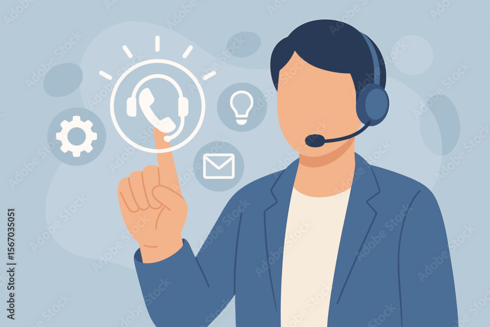 Customer Service Representative Touching Virtual Support Icon, Technical Support Call Center Assistance, Online Helpdesk Communication, Headset Operator, Modern Flat Vector Illustration Customer Service Representative Touching Virtual Support Icon, Technical Support Call Center Assistance, Online Helpdesk Communication, Headset Operator, Modern Flat Vector Illustration